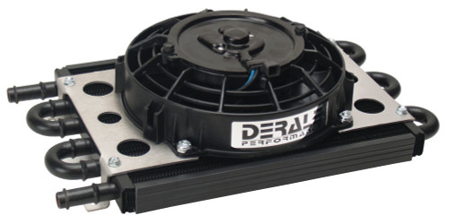 Derale 13730 Fluid Cooler and Fan, 12.750 x 7.625 x 3.750 in, Tube Type, 11/32 in Hose Barb Inlet / Outlet, 7 in Fan, Aluminum / Copper, Black Powder Coat, Universal, Each