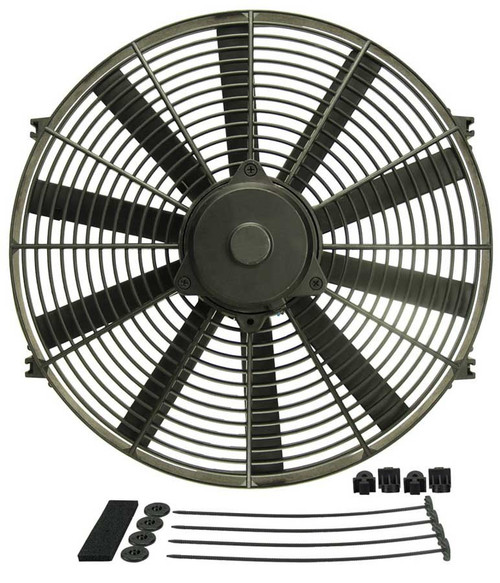 Derale 16916 Electric Cooling Fan, Dyno Cool, 16 in Fan, Push / Pull, 1550 CFM, 12V, Straight Blade, 16-7/8 x 16-7/8 in, 3-7/8 in, Install Kit, Plastic, Kit