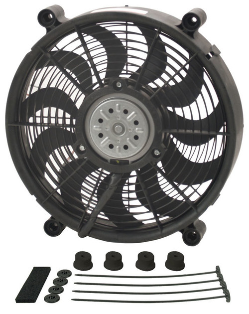 Derale 18214 Electric Cooling Fan, HO RAD, 14 in Fan, Push / Pull, 2100 CFM, 12V, Curved Blade, 14-1/2 in Square, 2-5/8 in Thick, Install Kit, Plastic, Kit