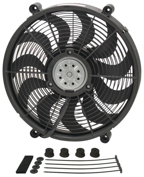 Derale 18217 Electric Cooling Fan, HO RAD, 17 in Fan, Push / Pull, 2400 CFM, 12V, Curved Blade, 16-7/8 in Square, 2-5/8 in Thick, Install Kit, Plastic, Kit