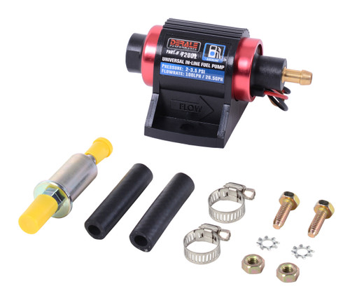 Derale 72001 Fuel Pump, Electric, In-Line, 26 gph at 3.5 psi, 1/8 in NPT Female Inlet, 3/8 in Hose Barb Outlet, Aluminum, Red / Black Anodized, Gas, Kit