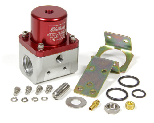 Edelbrock 174051 Fuel Pressure Regulator, 5 to 10 psi, In-Line, 10 AN Female O-Ring Inlets, 10 AN Female O-Ring Outlet, 6 AN Female O-Ring Return, Bypass, 1/8 in NPT Port, Aluminum, Red / Clear Anodized, E85 / Gas / Methanol, Each