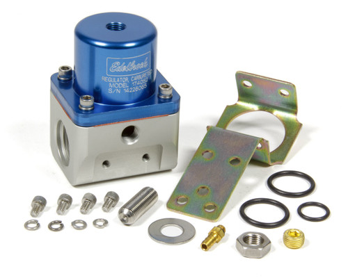 Edelbrock 174052 Fuel Pressure Regulator, 5 to 10 psi, In-Line, 10 AN Female O-Ring Inlets, 10 AN Female O-Ring Outlet, 6 AN Female O-Ring Return, Bypass, 1/8 in NPT Port, Aluminum, Blue / Clear Anodized, E85 / Gas / Methanol, Each