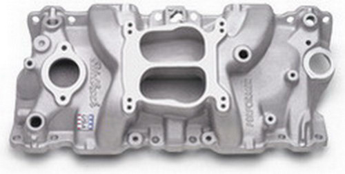 Edelbrock 2104 Intake Manifold, Performer, Spread / Square Bore, Dual Plane, Aluminum, Natural, Small Block Chevy, Each