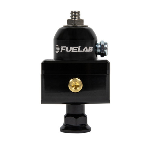 Fuelab Fuel Systems 57504-1 Fuel Pressure Regulator, Mini, 25-65 PSI, In-Line, 6 AN Female Inlet, Two 6 AN Female Outlets, 1/8 in NPT Port, Aluminum, Black Anodized, Diesel / E85 / Gas / Methanol, Each