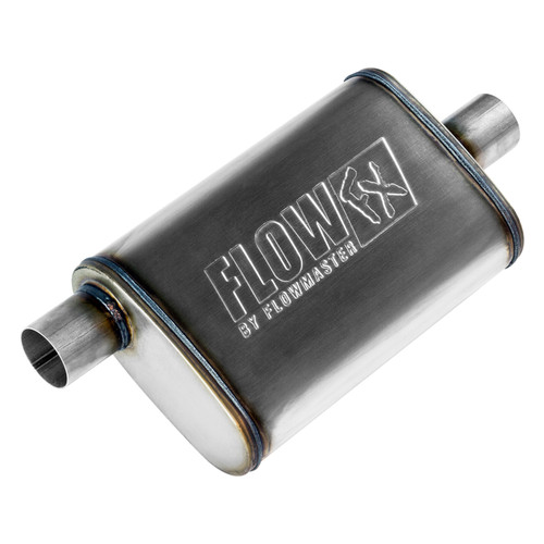 Flowmaster 71225 Muffler, Flow FX, 2-1/4 in Offset Inlet, 2-1/4 in Center Outlet, 14 x 9 x 4 in Oval Body, 20 in Long, Stainless, Natural, Universal, Each