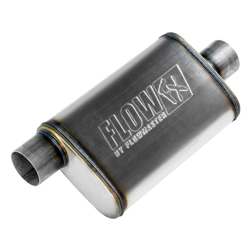 Flowmaster 71229 Muffler, Flow FX, 3 in Offset Inlet, 3 in Center Outlet, 14 x 9 x 4 in Oval Body, 20 in Long, Stainless, Natural, Universal, Each
