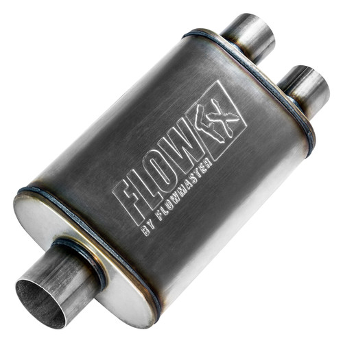 Flowmaster 72198 Muffler, Flow FX, 3 in Offset Inlet, Dual 2-1/2 in Outlet, 14 x 9 x 4 in Oval Body, 20 in Long, Stainless, Natural, Universal, Each