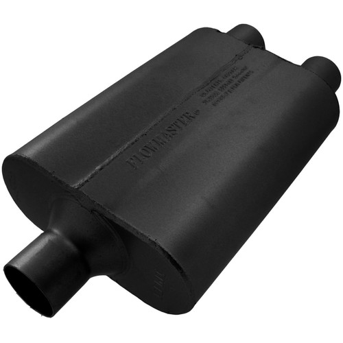 Flowmaster 9424422 Muffler, 40 Delta, 2-1/4 in Center Inlet, Dual 2-1/4 in Outlets, 13 x 9-3/4 x 4 in Oval Body, 19 in Long, Steel, Black Paint, Universal, Each