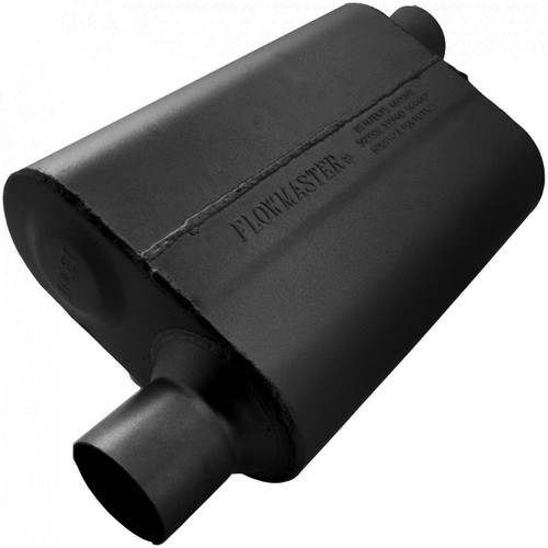 Flowmaster 942543 Muffler, 40 Delta, 2-1/2 in Offset Inlet, 2-1/2 in Offset Outlet, 13 x 9-3/4 x 4 in Oval Body, 19 in Long, Steel, Black Paint, Universal, Each