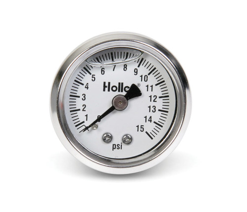 Holley 26-504 Fuel Pressure Gauge, 0-15 psi, Mechanical, Analog, Full Sweep, 1-1/2 in Diameter, Liquid Filled, 1/8 in NPT Port, White Face, Each