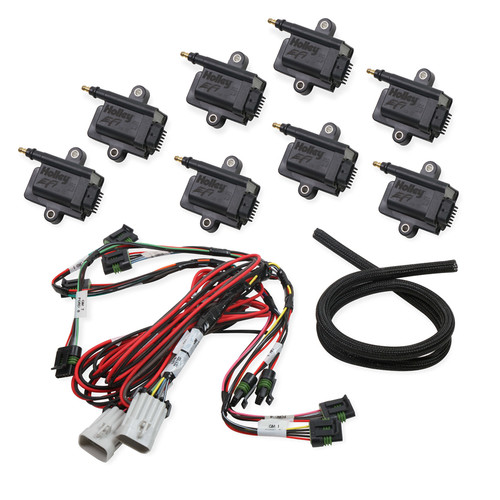 Holley 556-127 Ignition Coil, Coil-Near-Plug Smart Coil, E-Core, Male HEI, 44000V, Wiring Harness, Black, Set of 8