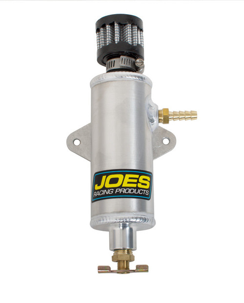 Joes Racing Products 12318 Breather Tank, 1-3/4 in Diameter, 4-3/8 in Tall, 1/4 in Hose Barb Inlet, Petcock Drain, Mounting Flange, Breather Included, Aluminum, Natural, Micro / Mini, Each