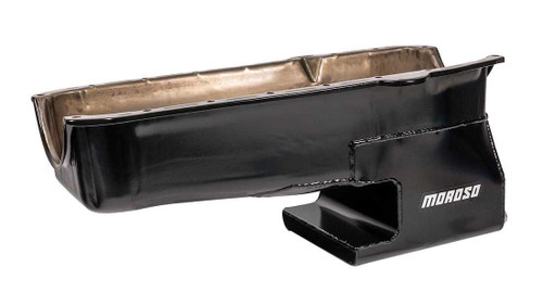 Moroso 20213 SBC Oil Pan, Fabricated, Rear Sump, 6 Quarts, 9 in. Deep, 4-Bolt Caps, Passenger Side Dipstick, Steel, Black Powdercoated, Each