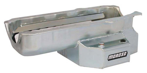 Moroso 21318 Engine Oil Pan, Oval Track, Rear Sump, 7 qt, 7-1/8 in Deep, Trap Door Baffles, Steel, Zinc Oxide, Small Block Chevy, Each