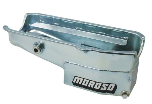 Moroso 21322 Engine Oil Pan, Oval Track, Rear Sump, 7 qt, 7-1/2 in Deep, Trap Door Baffle, Inspection Bung, Steel, Zinc Oxide, Small Block Chevy, Each