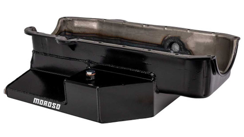Moroso 21326 SBC Oil Pan, Oval Track, Rear Sump, 8 Quarts, 6-1/2 in. Deep, Trap Door Baffles, Inspection Bung, Steel, Black Powdercoated, Each