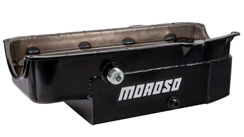 Moroso 21327 SBC Oil Pan, Oval Track, Rear Sump, 8 Quarts, 6-1/2 in. Deep, Trap Door Baffles, Inspection Bung, Steel, Black Powdercoated, Each