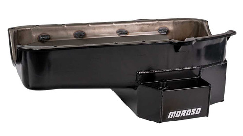 Moroso 21813 SBC Oil Pan, Road/Drag Race, Rear Sump, 7 Quarts, 7-1/2 in. Deep, 4-Bolt Caps, Driver Side Dipstick, Steel, Black Powdercoated, Each