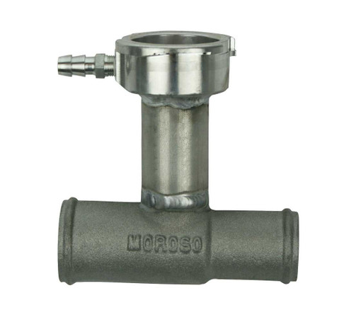 Moroso 63482 Filler Neck, Extended, Hose Mount, 1-1/2 in Hose to 1-1/4 in Hose, 1/8 in NPT Hose Barb, Aluminum, Natural, Each