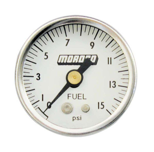 Moroso 65370 Fuel Pressure Gauge, 0-15 psi, Mechanical, Analog, Full Sweep, 1-1/2 in Diameter, 1/8 in NPT Port, White Face, Each