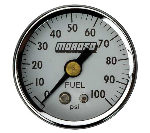 Moroso 65374 Fuel Pressure Gauge, 0-100 psi, Mechanical, Analog, Full Sweep, 1-1/2 in Diameter, 1/8 in NPT Port, White Face, Each