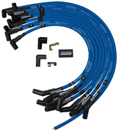Moroso 72430 Spark Plug Wire Set, Blue Max, Spiral Core, 8 mm, Blue, 135 Degree Plug Boots, HEI Style Terminal, Over Valve Cover, Small Block Ford, Kit-1