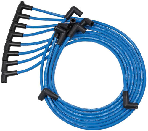 Moroso 72520 Spark Plug Wire Set, Blue Max, Spiral Core, 8 mm, Blue, 90 Degree Plug Boots, HEI Style Terminal, Small Block Chevy, Kit-1