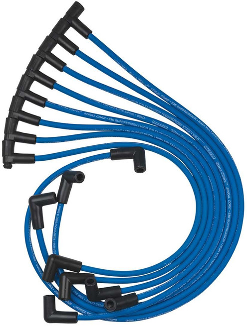 Moroso 72522 Spark Plug Wire Set, Blue Max, Spiral Core, 8 mm, Blue, 90 Degree Plug Boots, HEI Style Terminal, Small Block Chevy, Kit-1