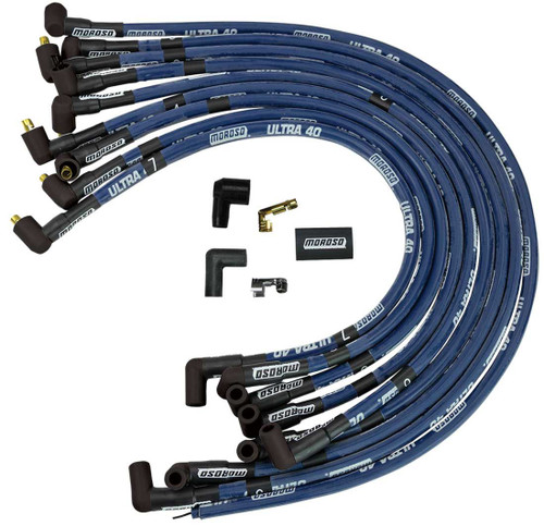 Moroso 73600 Spark Plug Wire Set, Ultra 40, Spiral Core, 8.65 mm, Sleeved, Blue, 90 Degree Plug, Socket Style, Over Valve Cover, Small Block Chevy, Kit-1