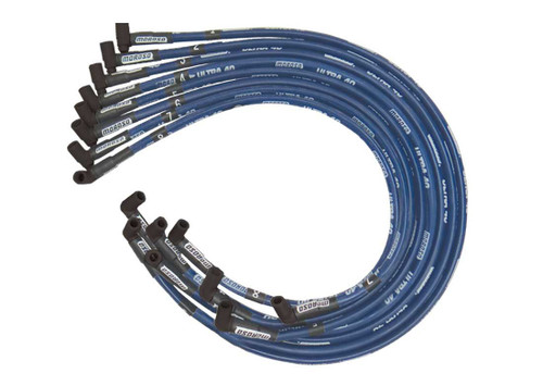 Moroso 73616 Spark Plug Wire Set, Ultra 40, Spiral Core, 8.65 mm, Sleeved, Blue, 90 Degree Plug Boots, HEI Style Terminal, Under Header, Big Block Chevy, Kit-2