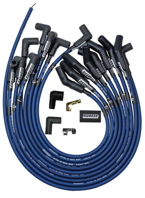 Moroso 73675 Spark Plug Wire Set, Ultra 40, Spiral Core, 8.65 mm, Blue, 135 Degree Plug Boots, HEI Style Terminal, Cut-To-Fit, Small Block Ford, Kit