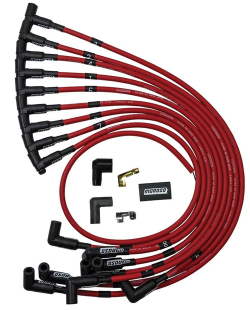Moroso 73684 Spark Plug Wire Set, Ultra 40, Spiral Core, 8.65 mm, Red, 90 Degree Plug Boots, HEI Style Terminal, Over Valve Cover, Small Block Chevy, Kit