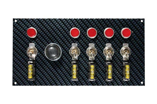 Moroso 74139 Switch Panel, Dash Mount, 7-3/4 x 4 in, 5 Toggles / 1 Momentary Button, Fused, Indicator Lights, Carbon Fiber Look, Kit