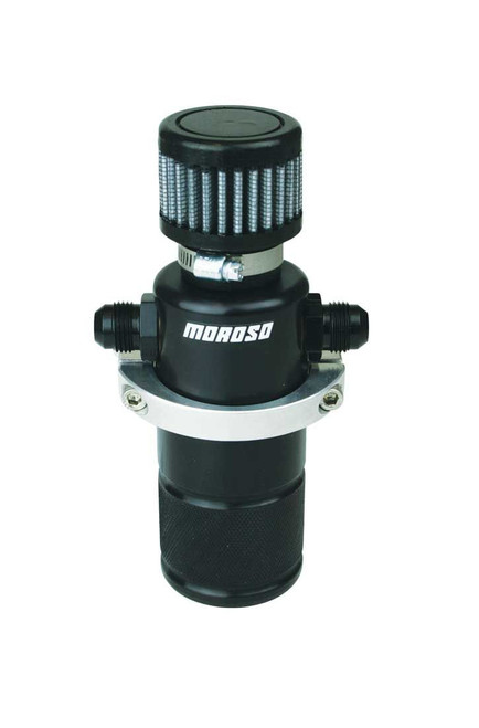 Moroso 85397 Breather Tank, 2-1/4 in Diameter, Dual 8 AN Female Inlet, 8 AN Male Adapters included, Aluminum, Black Anodized, Each