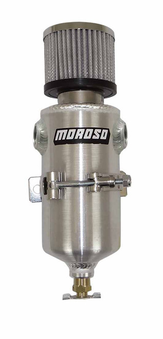 Moroso 85455 Breather Tank, 3-1/8 in Diameter x 11-1/2 in Tall, Two 1/2 in NPT Female Inlets, Petcock Drain, T-Bolt Mounting Clamp, Breather Included, Aluminum, Natural, Each-2