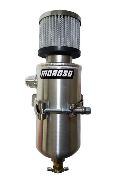 Moroso 85459 Breather Tank, 3-1/8 in Diameter x 11-1/2 in Tall, 10 AN Male Fitting, Petcock Drain, T-Bolt Mounting Clamp, Breather Included, Aluminum, Natural, Each