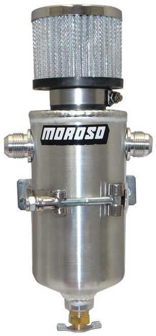 Moroso 85468 Breather Tank, 3-1/8 in Diameter x 11-1/2 in Tall, Two 10 AN Male Inlets, Petcock Drain, T-Bolt Mounting Clamp, Breather Included, Aluminum, Natural, Each