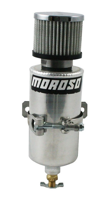 Moroso 85470 Breather Tank, 3-1/8 in Diameter x 11-1/2 in Tall, 3/8 in NPT Female Inlet, Petcock Drain, T-Bolt Mounting Clamp, Breather Included, Aluminum, Natural, Each