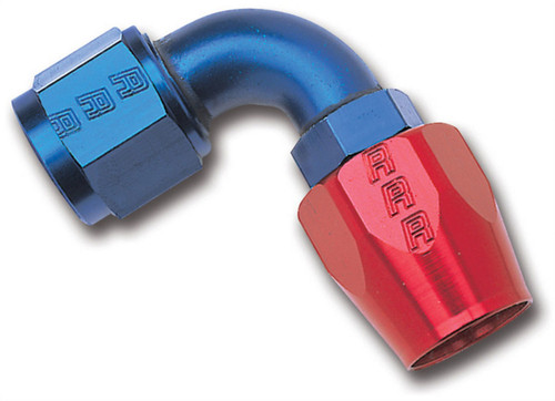 Russell 610180 Fitting, Hose End, Full Flow, 90 Degree, 10 AN Hose to 10 AN Female, Aluminum, Blue / Red Anodized, Each