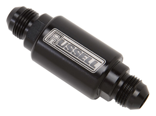 Russell 650133 Fuel Filter, Competition Series, In-Line, 40 Micron, Stainless Element, 6 AN Male Inlet, 6 AN Male Outlet, Aluminum, Black Anodized, Each