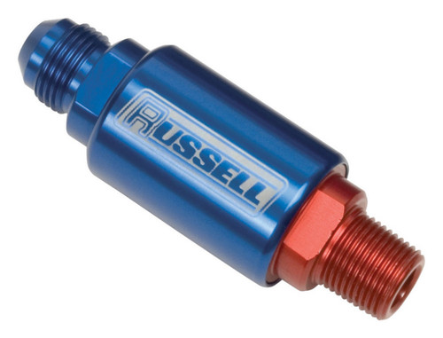 Russell 650190 Fuel Filter, Competition Series, In-Line, 40 Micron, Stainless Element, 6 AN Male Inlet, 3/8 in NPT Male Outlet, Aluminum, Blue / Red Anodized, Each