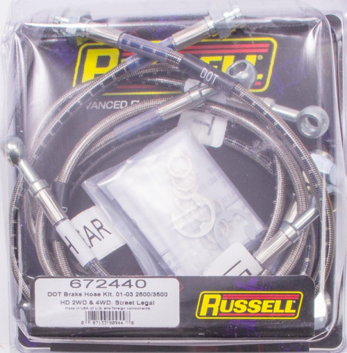 Russell 672440 Brake Hose Kit, Street Legal, DOT Approved, Braided Stainless, GM HD Truck 2001-06, Kit