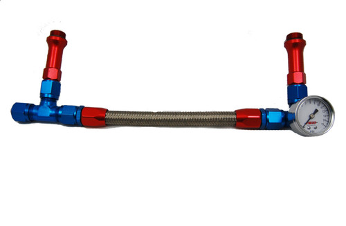 Advanced Engine Design 6096 Carburetor Fuel Line, 6 AN Single Male Inlet, 7/8-20 in Dual Outlets, Gauge, Braided Stainless Hose, Blue / Red / Silver, Holley 4150, Kit Advanced Engine Design 6096 Carburetor Fuel Line, 6 AN Single Male Inlet, 7/8-20 in Dual Outlets, Gauge, Braided Stainless Hose, Blue / Red / Silver, Holley 4150, Kit