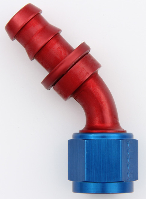 Aeroquip FBM1524 Fitting, Hose End, AQP Socketless, 45 Degree, 10 AN Hose Barb to 10 AN Female, Aluminum, Blue / Red Anodized, Each