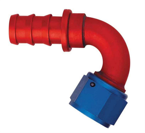 Aeroquip FCM1544 Fitting, Hose End, AQP Socketless, 120 Degree, 10 AN Hose Barb to 10 AN Female, Aluminum, Blue / Red Anodized, Each