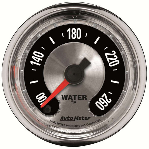 Autometer 1255 Water Temperature Gauge, American Muscle, 100-260 Degree F, Electrical, Analog, Full Sweep, 2-1/16 in Diameter, Brushed / Black Face, Each