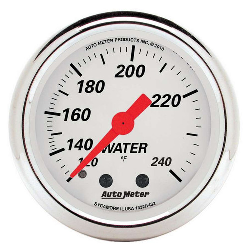 Autometer 1332 Water Temperature Gauge, Arctic White, 120-240 Degree F, Mechanical, Analog, Full Sweep, 2-1/16 in Diameter, White Face, Each