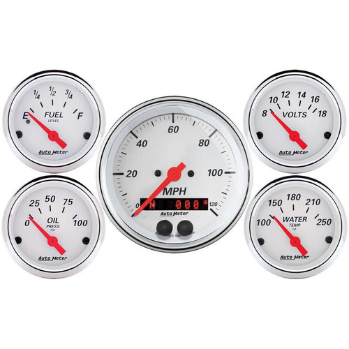 Autometer 1350 Gauge Kit, Arctic White, Analog, Fuel Level / Oil Pressure / Speedometer / Voltmeter / Water Temperature, 3-3/8 in / 2-1/16 in Diameter, White Face, Kit