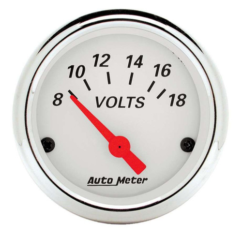 Autometer 1391 Voltmeter, Arctic White, 8-18V, Electric, Analog, Short Sweep, 2-1/16 in Diameter, White Face, Each